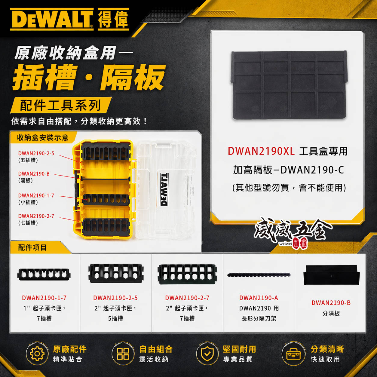 DEWALT 美國 得偉｜小型堆疊工具收納盒 起子頭工具盒 零件盒 DWAN2190系列用｜單買插槽-隔板