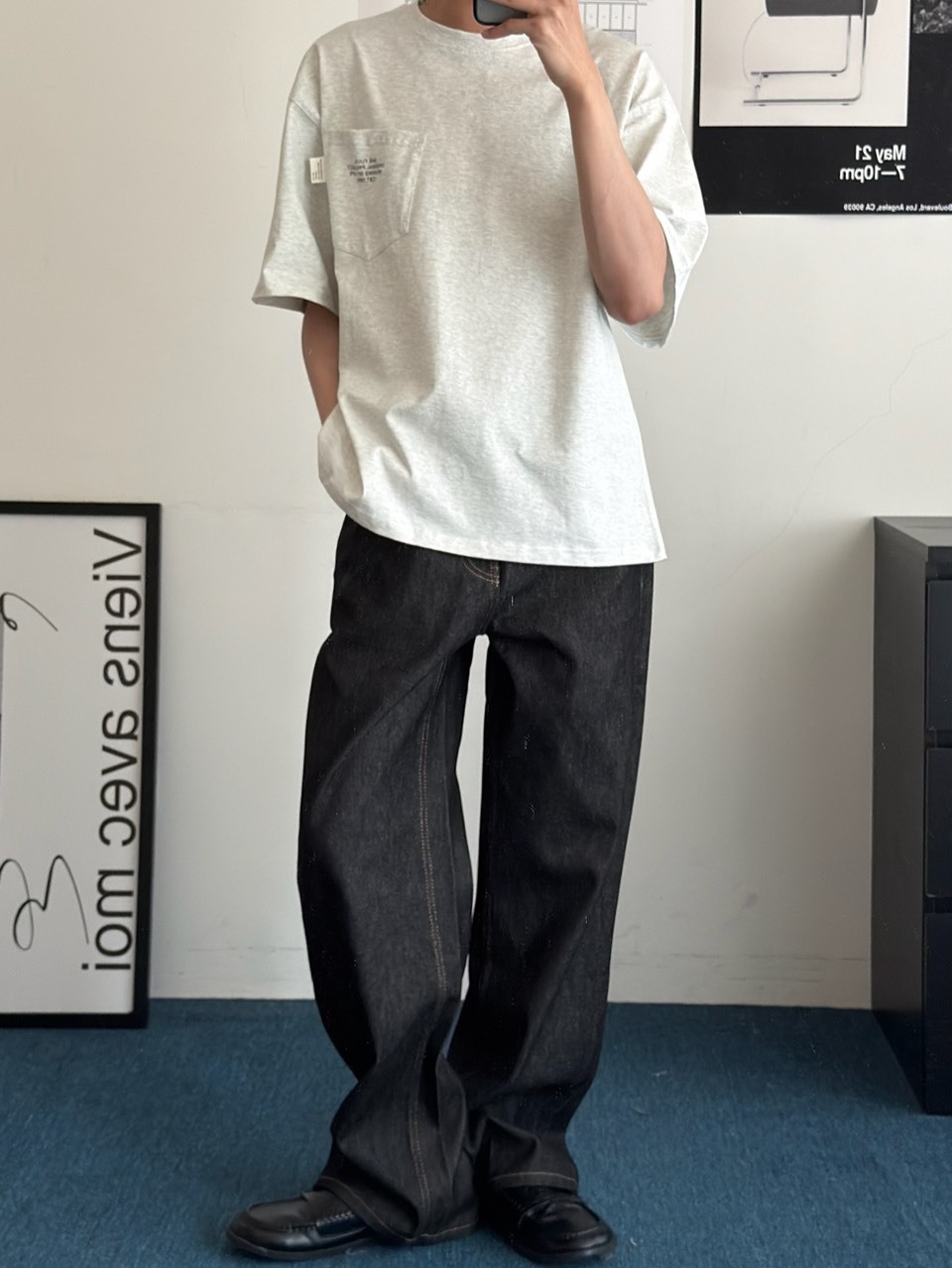（現貨）NJ379 美式 復古 原色 闊腿 牛仔褲