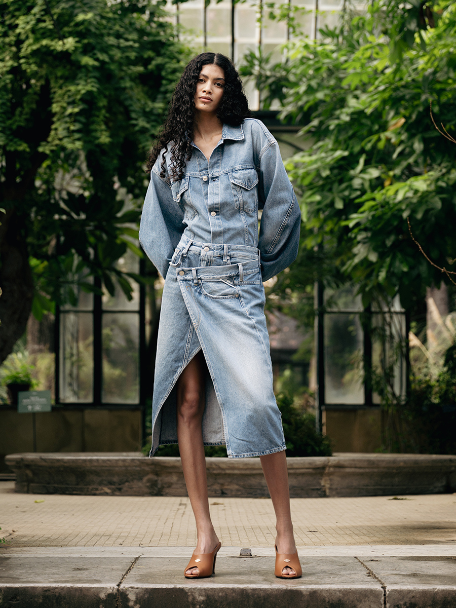 不對稱交錯開衩牛仔中長裙