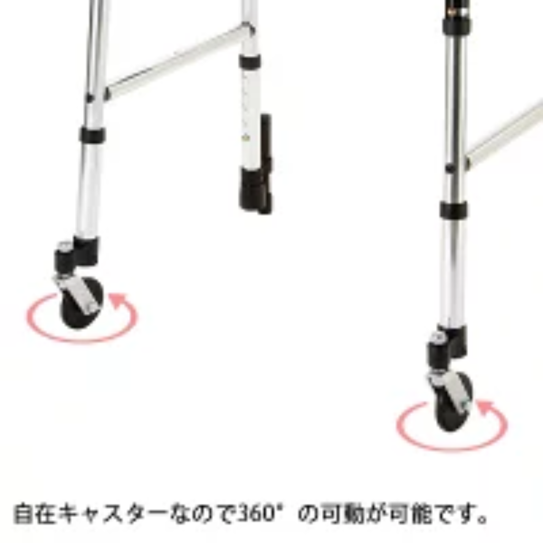 這款助行架局部特寫展示了底部的前置萬向滾輪設計，下方配有日文說明文字，強調具備 360 度轉向功能，方便使用者靈活變換行走方向。助行架採用銀色鋁合金支架，萬向輪轉動順暢且無需費力提舉。作為深受香港市場歡迎的助行架推介，此設計能有效提升長者在室內窄小空間轉彎時的靈活性與安全性，是選購復康器材時的重要參考。