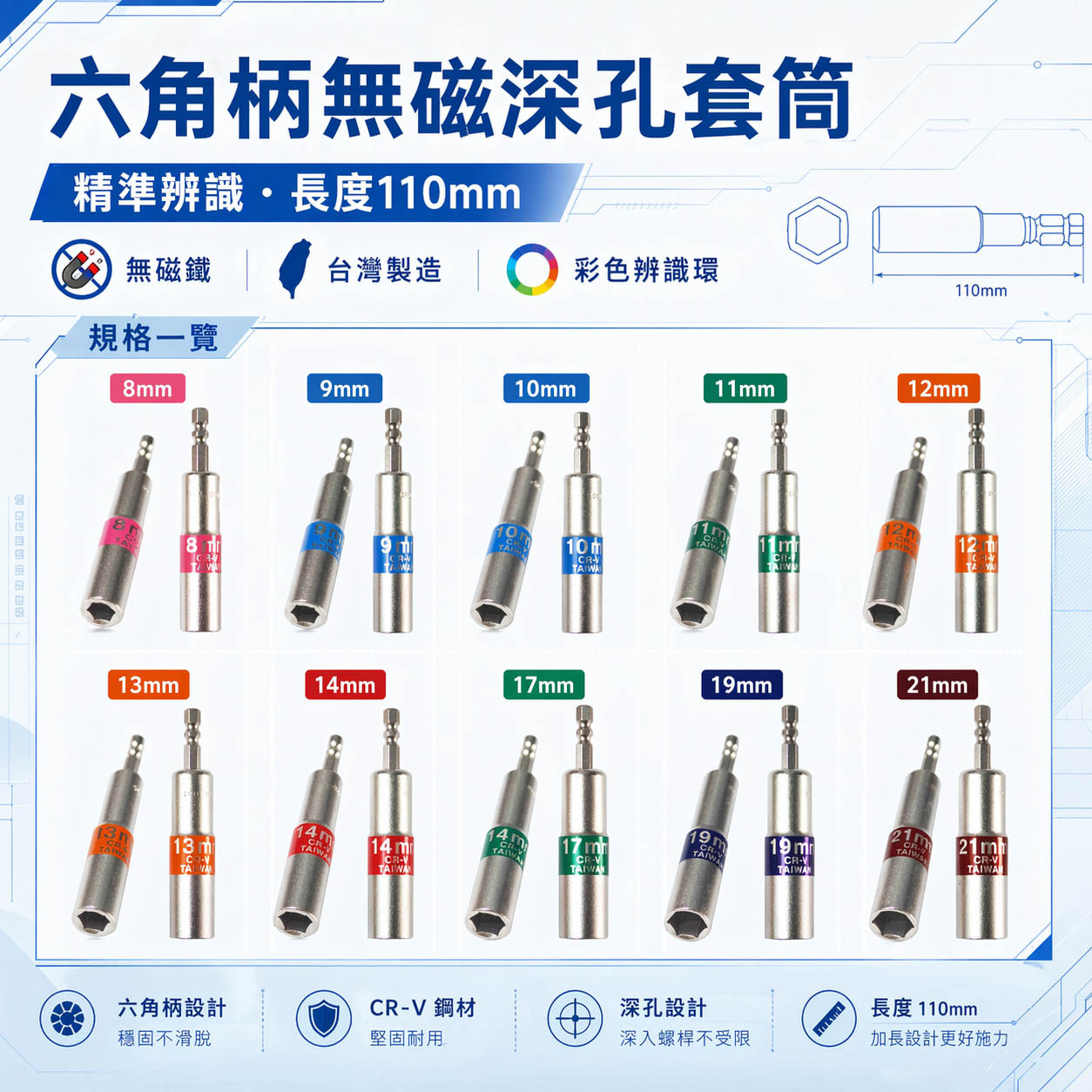 台灣製 彩色辨識條｜日式彩帶｜六角軸長型六角套筒 六角起子套筒 六角柄無磁深孔套筒｜8-21mm 長110mm