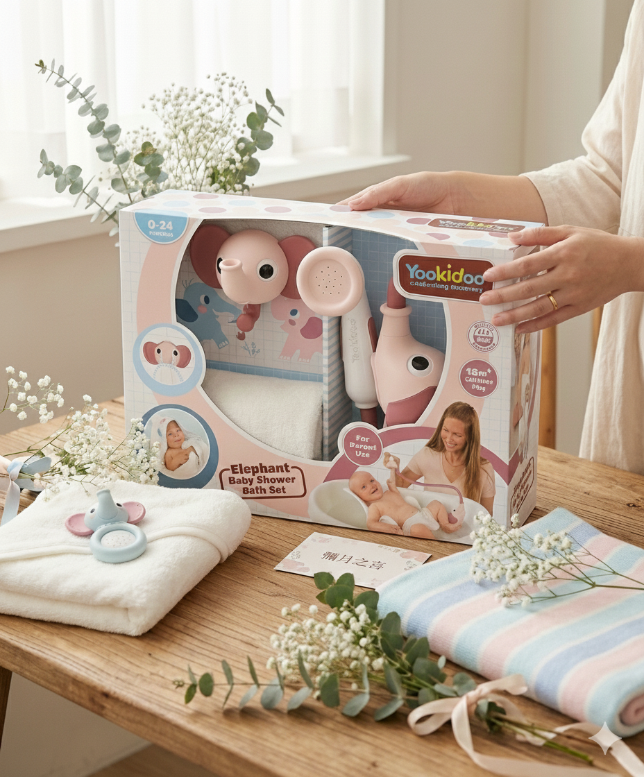 新生兒禮物推薦 Yookidoo 小象沐浴趣禮盒，桌上擺放著精美包裝、嬰兒浴巾與彌月之喜代寫賀卡。
