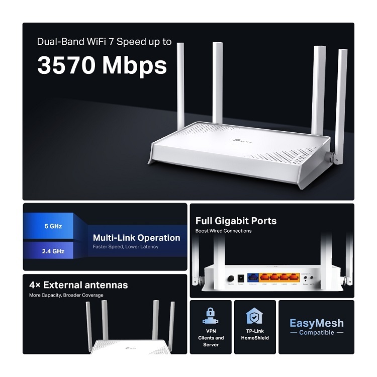 TP-Link Archer BE220W BE3600 Dual-Band Wi-Fi 7 Router