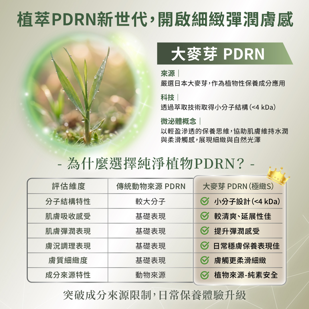 植物性 PDRN 保養應用：日本大麥芽 PDRN 具備小分子特性，清爽好吸收，提升膚觸柔滑度。