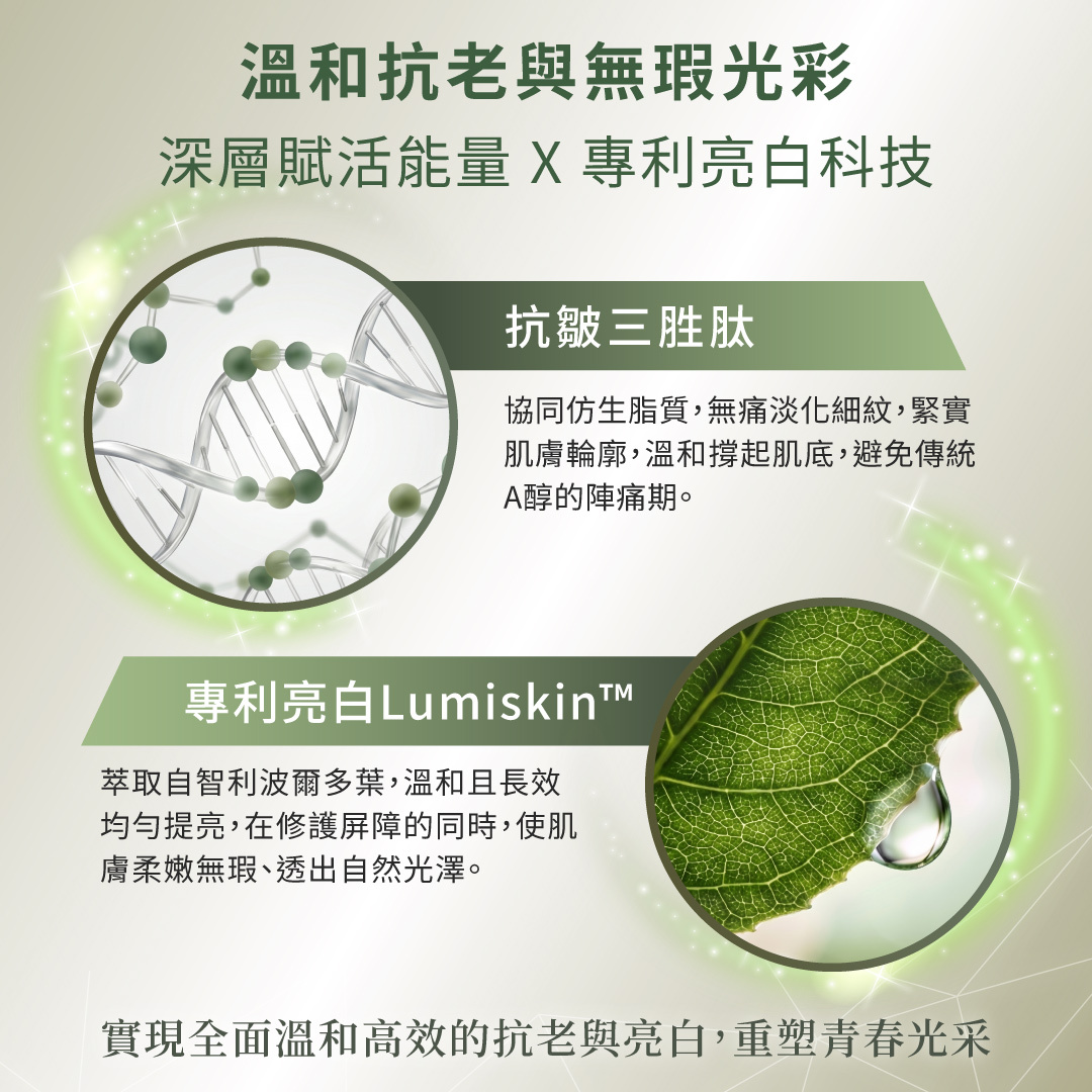 極緻S青春活顏露添加抗皺三胜肽與專利亮白 Lumiskin，溫和淡化細紋並使肌膚透出自然光澤。