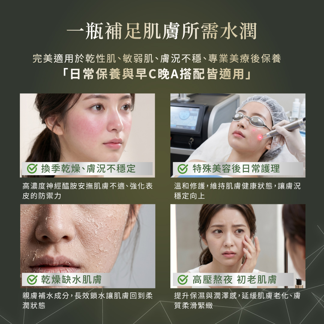 一瓶補足肌膚水潤：極緻S青春活顏露適用於換季乾燥、特殊美容後護理與高壓初老肌膚。
