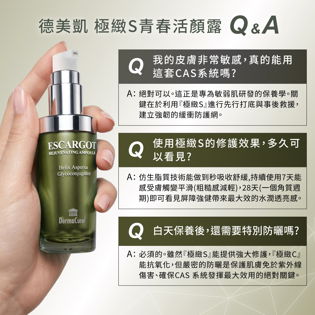 德美凱極緻S常見問答 Q&A：敏弱肌專屬保養學、角質週期調理時程與日間搭配防曬的重要性。