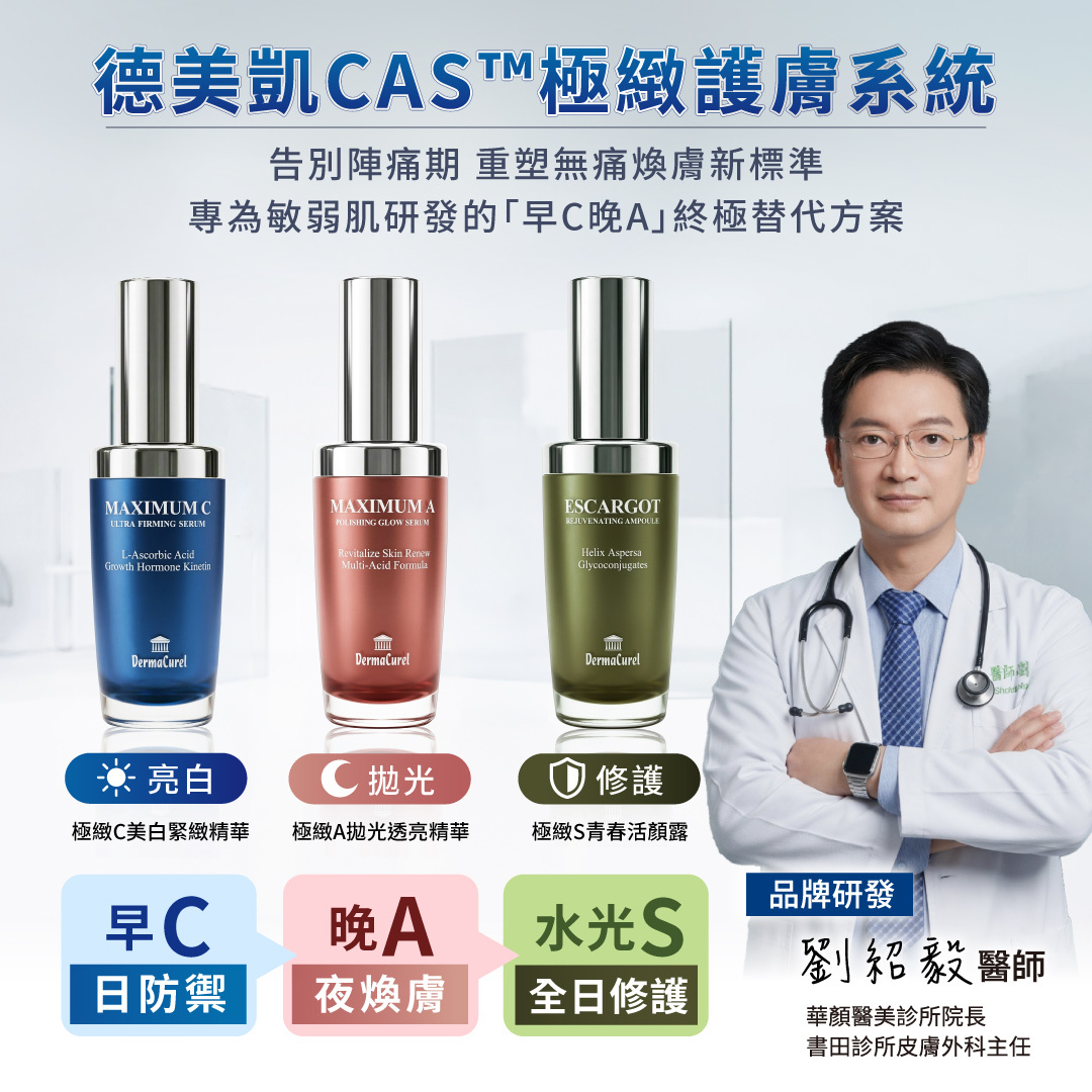 德美凱 CAS 極緻護膚系統：結合早C晚A與全日水光S修護，由劉紹毅醫師研發的敏弱肌保養替代方案。
