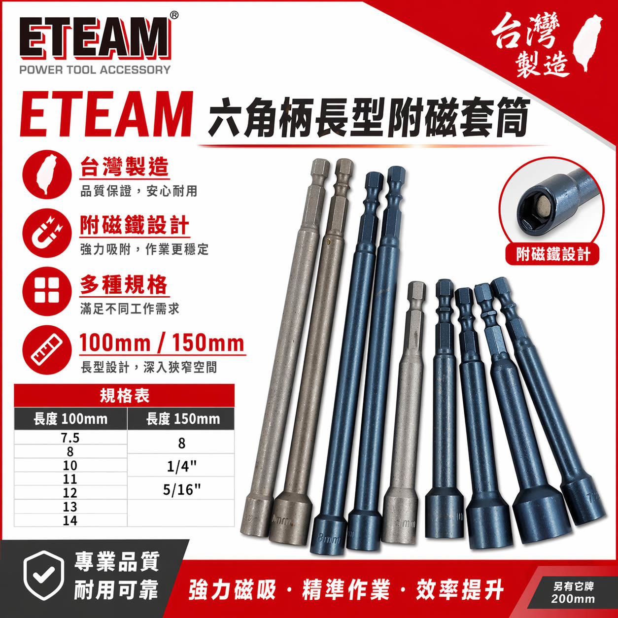 ETEAM 一等 台灣製｜六角柄磁性六角套筒｜6.35mm六角起子機用1/4"六角軸套筒 附磁鐵套筒｜長 45mm 55mm 65mm 100mm 150mm