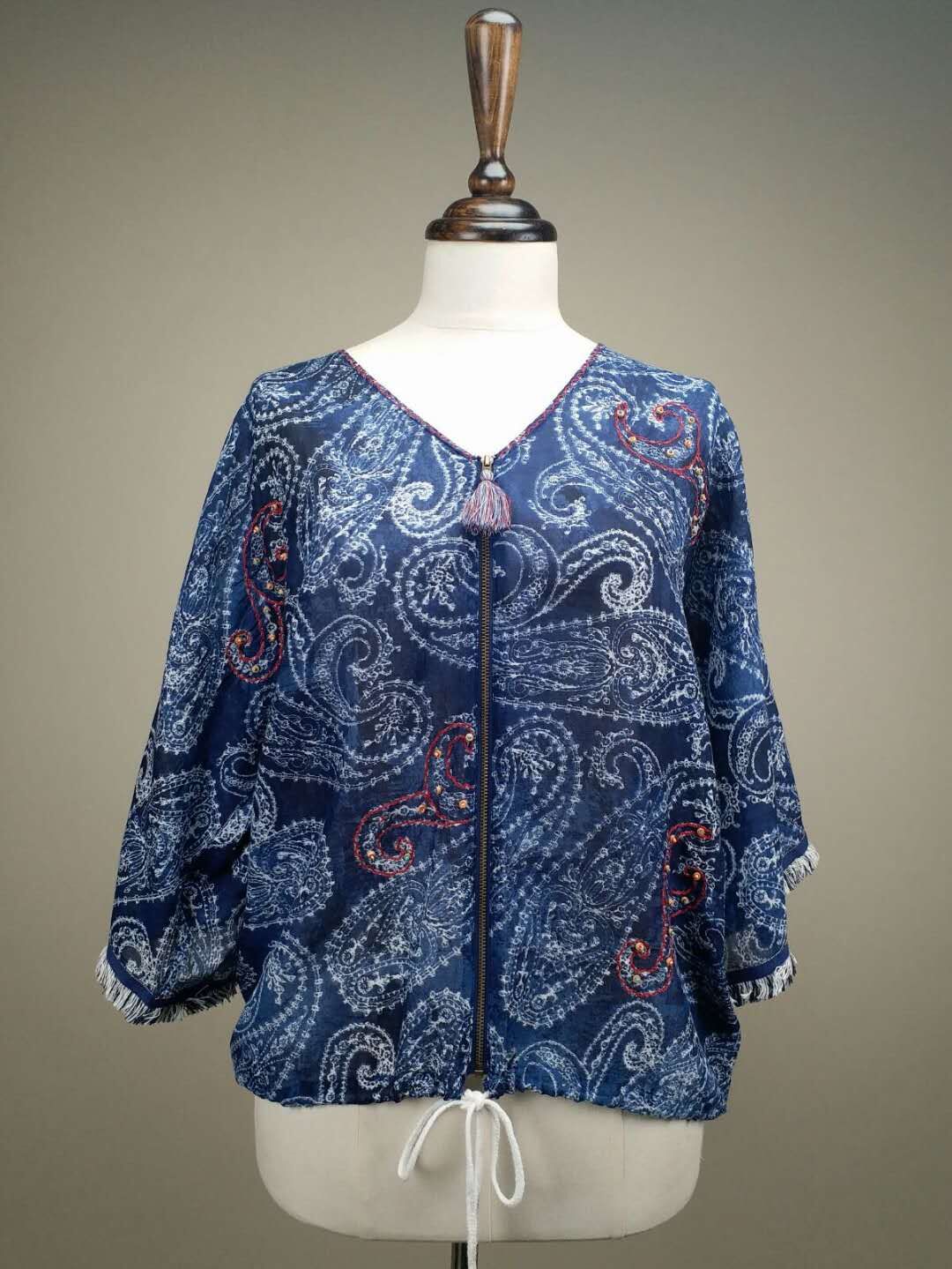 HKCG0428-017 寶藍腰果花民族風開衫 100% Cotton  約: 胸32-44吋,長24.5 (AA17) (A17)