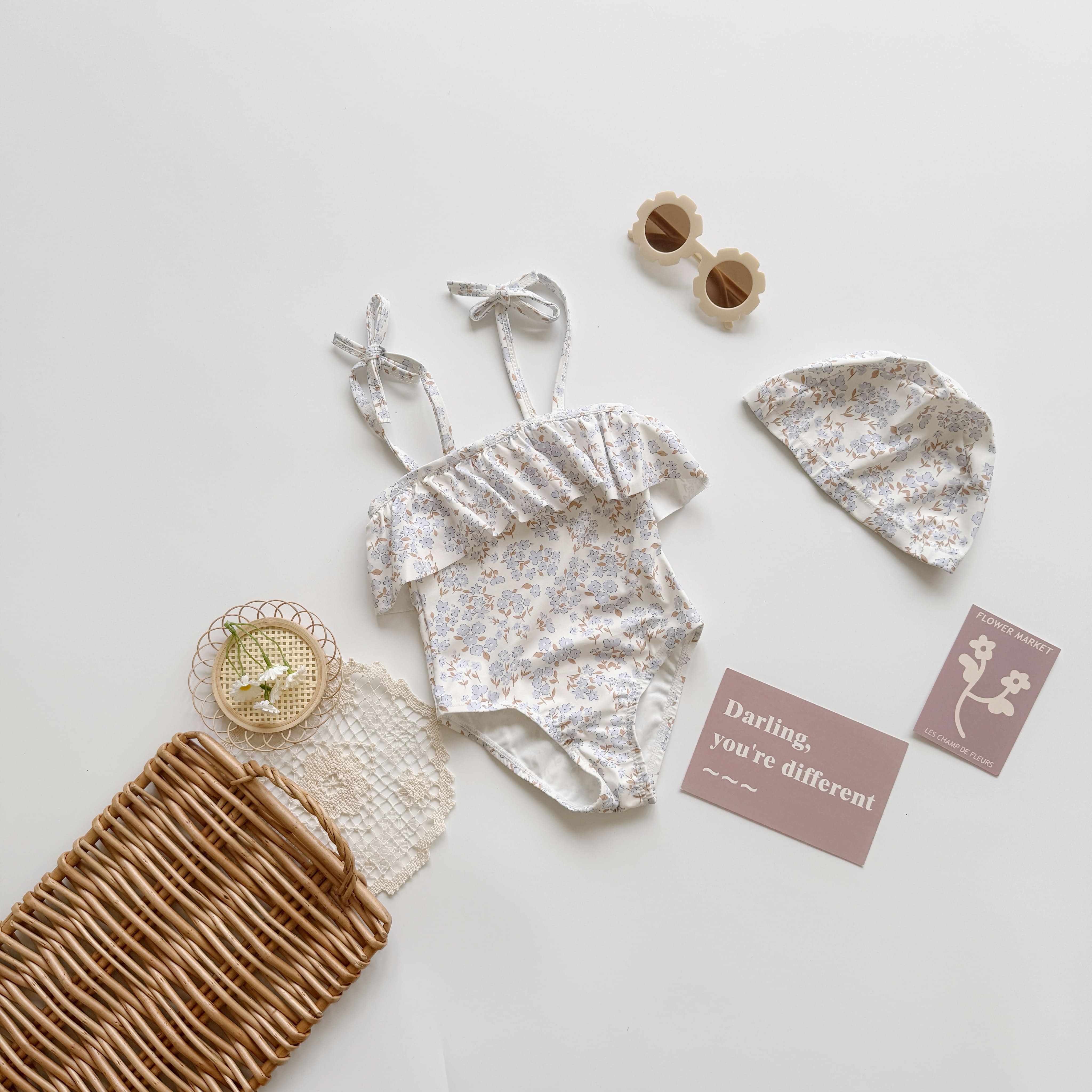 甜美荷葉邊綁帶連身泳衣