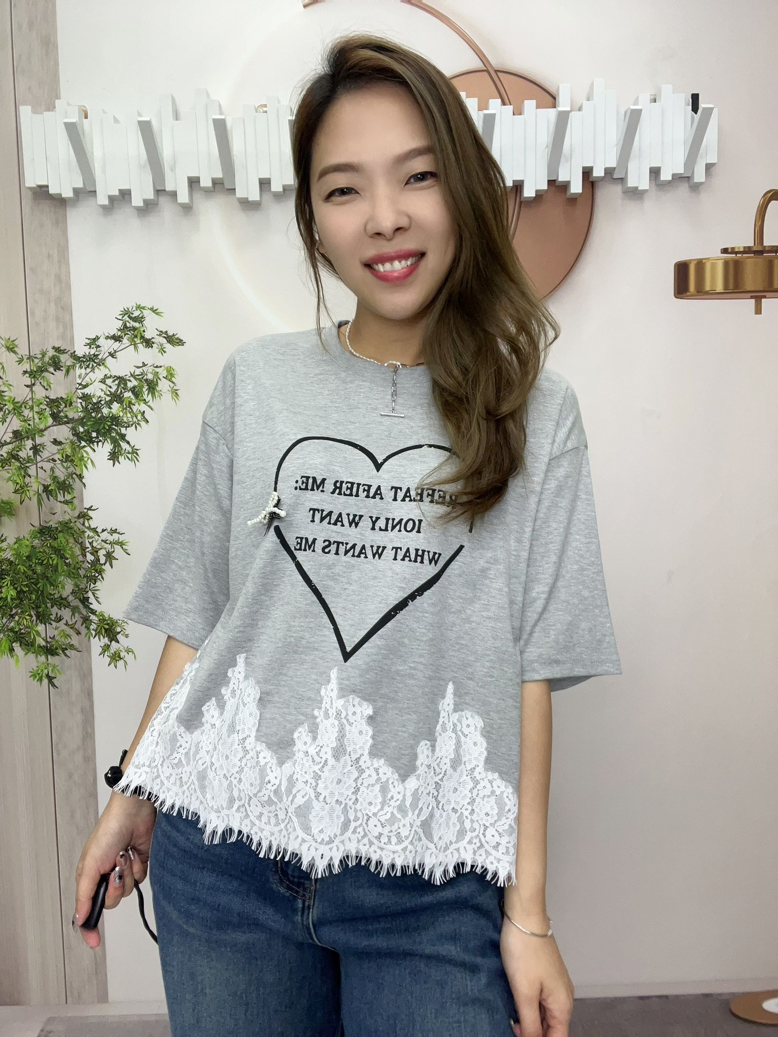 Ma 牌子心型圖案拼Lace top~160B