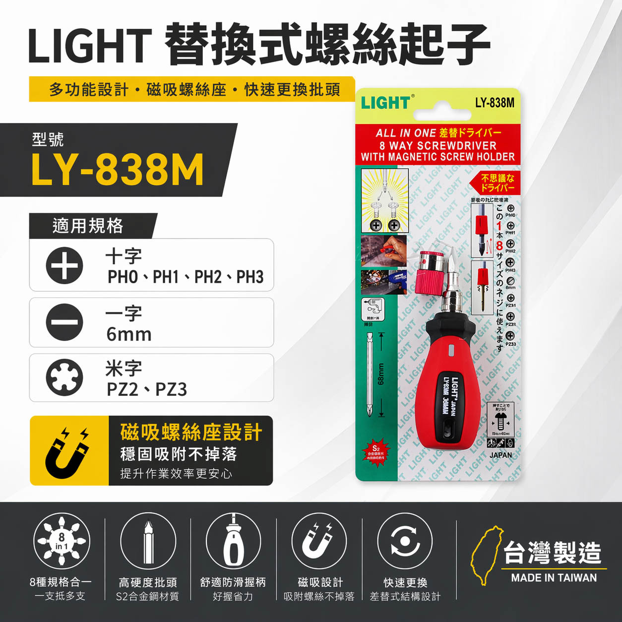 台灣製 LIGHT｜短版八用起子｜附磁性吸附器短版螺絲起子 可替換式六角起子頭 一字十字起子｜LY-838M
