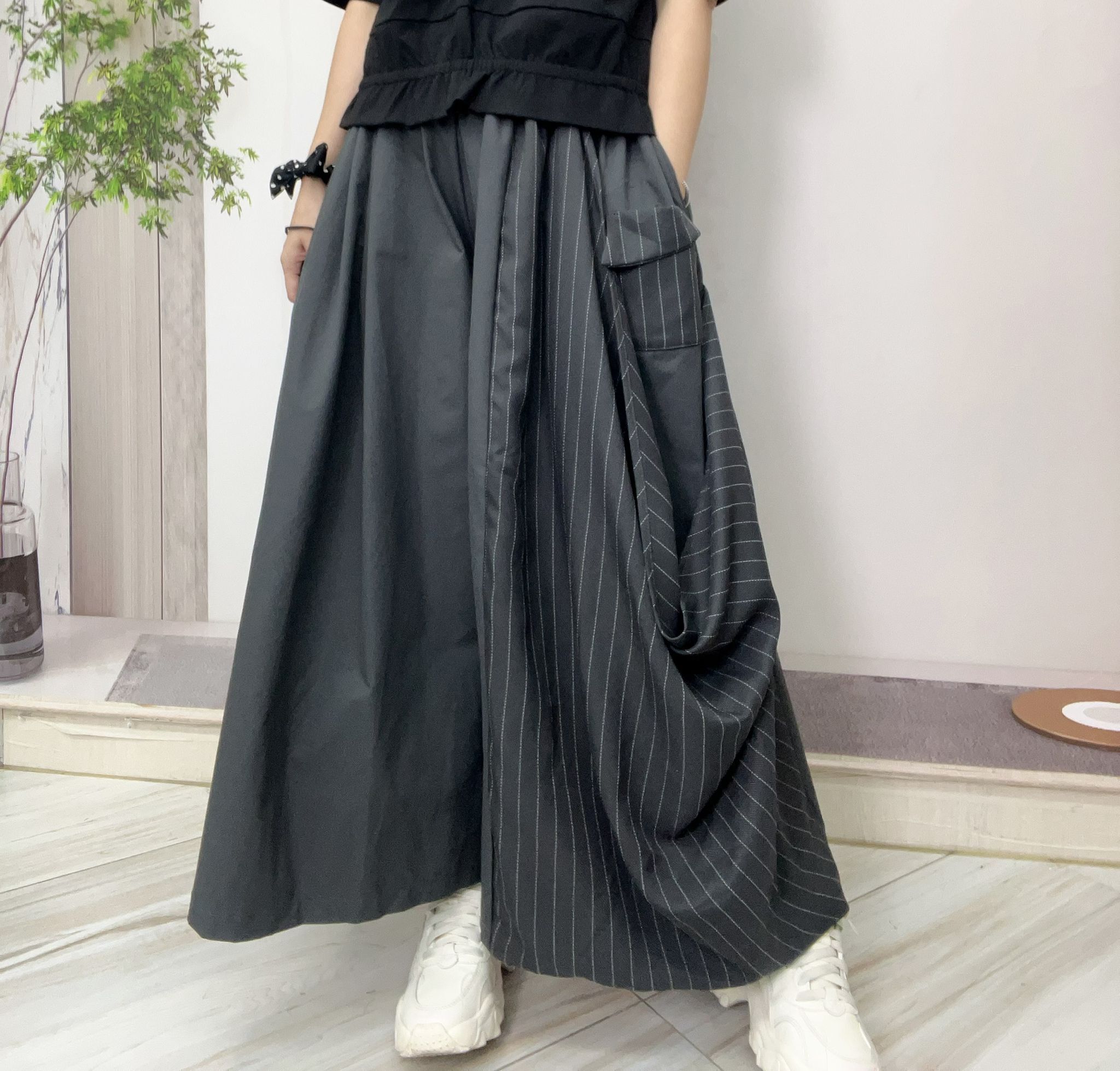 Ma牌子型格直條拼布闊腳褲~160L