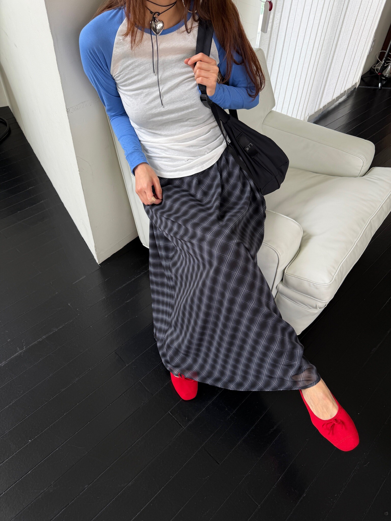 Checked chiffon long skirt