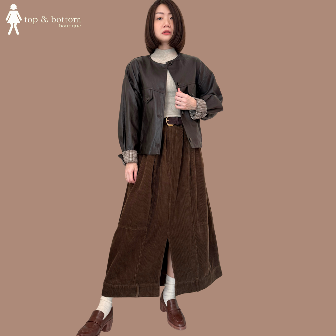 LONG SLEEVE CHECKED INNER PU LEATHER JACKET