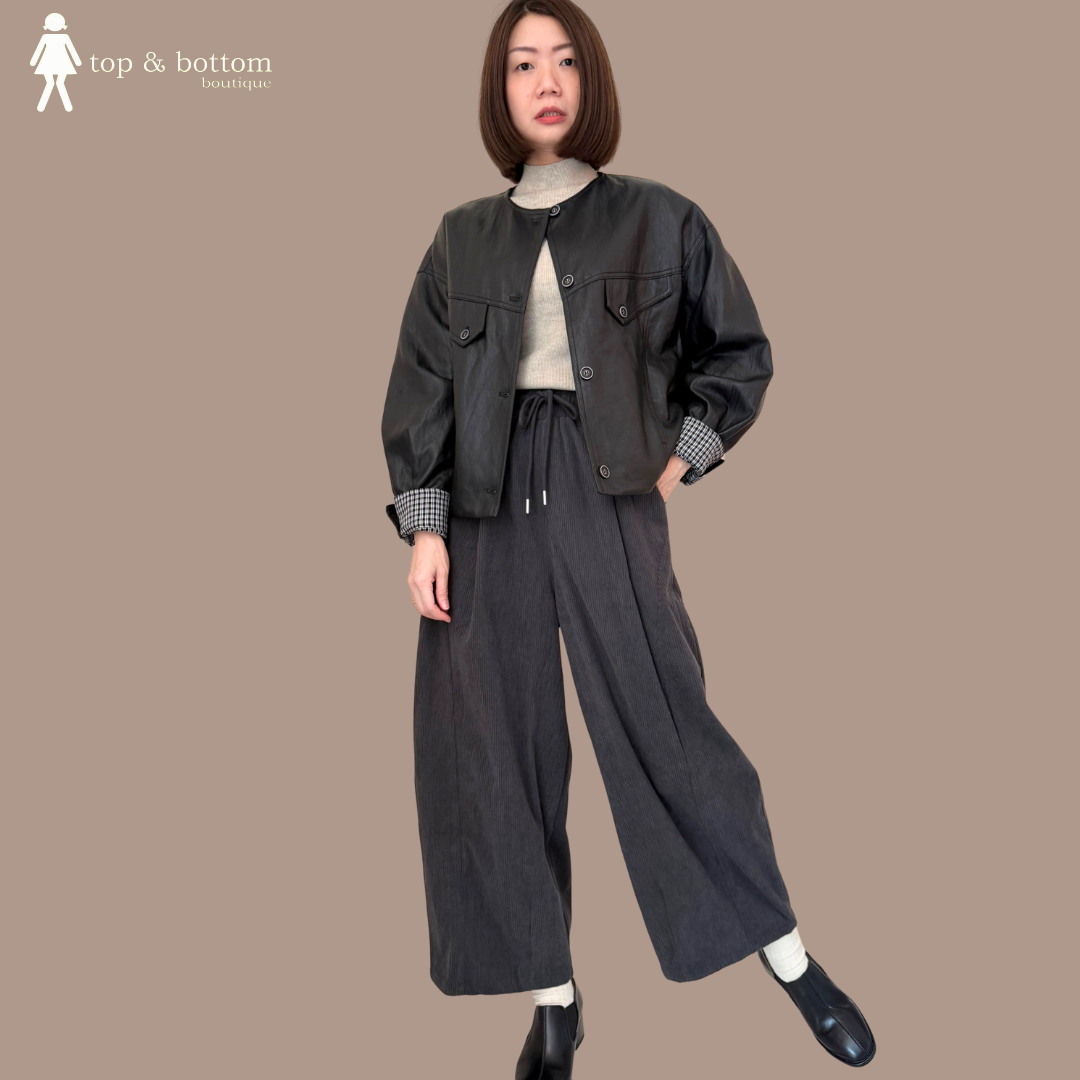 LONG SLEEVE CHECKED INNER PU LEATHER JACKET