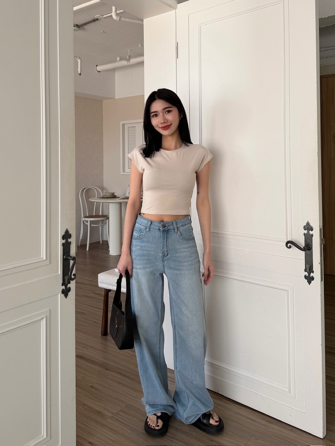 夏日淺色系薄料牛仔寬褲
