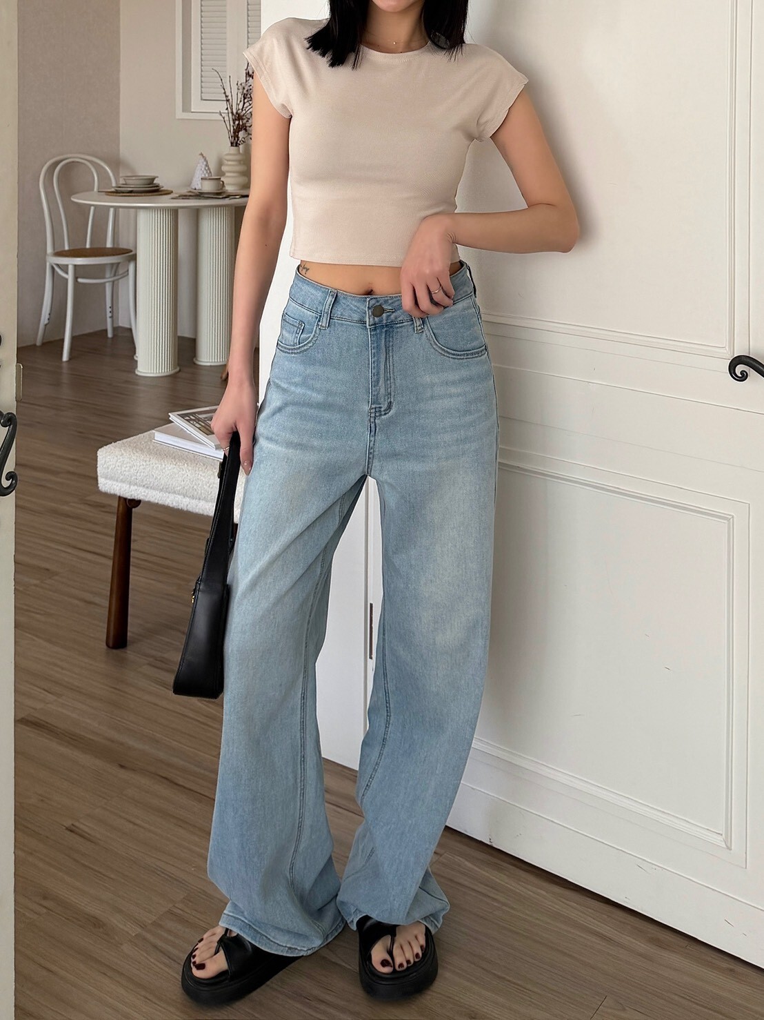 夏日淺色系薄料牛仔寬褲