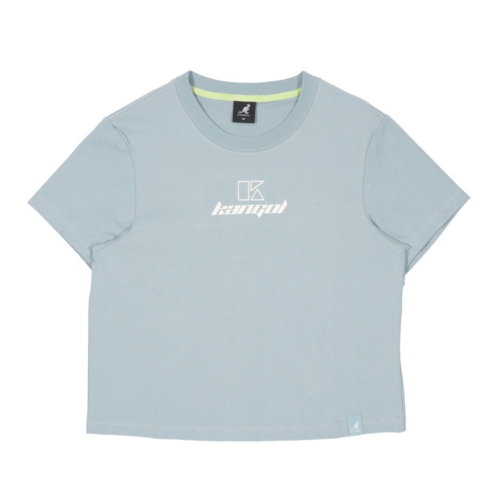 【Kangol】女款短版幾何圖T｜幾何印花 舒適混紡-灰藍色
