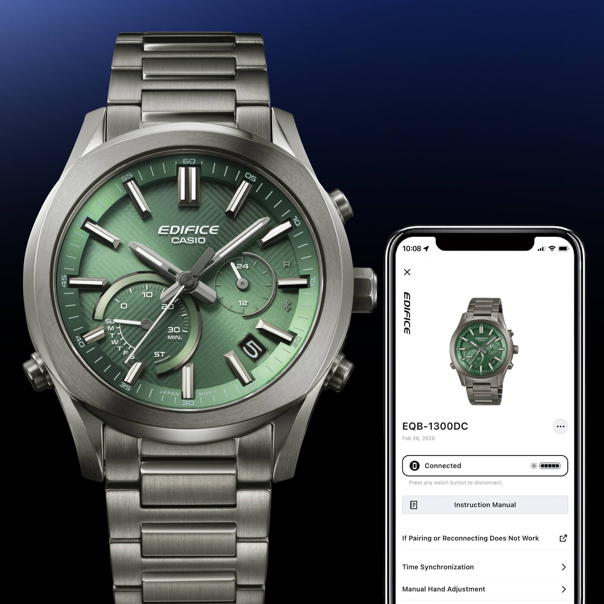 萬年鐘錶 - CASIO 卡西歐 EDIFICE 系列 全黑綠面環狀髮絲紋理面盤太陽能藍芽男錶 EQB-1300DC-3A  錶徑 : 39.5MM