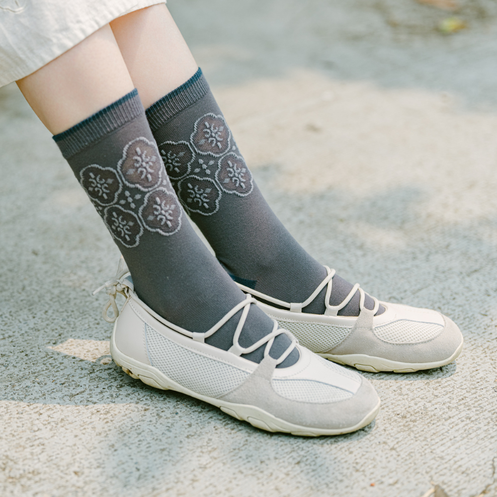 印花樂緹花中長襪/玻璃海棠/藏青灰