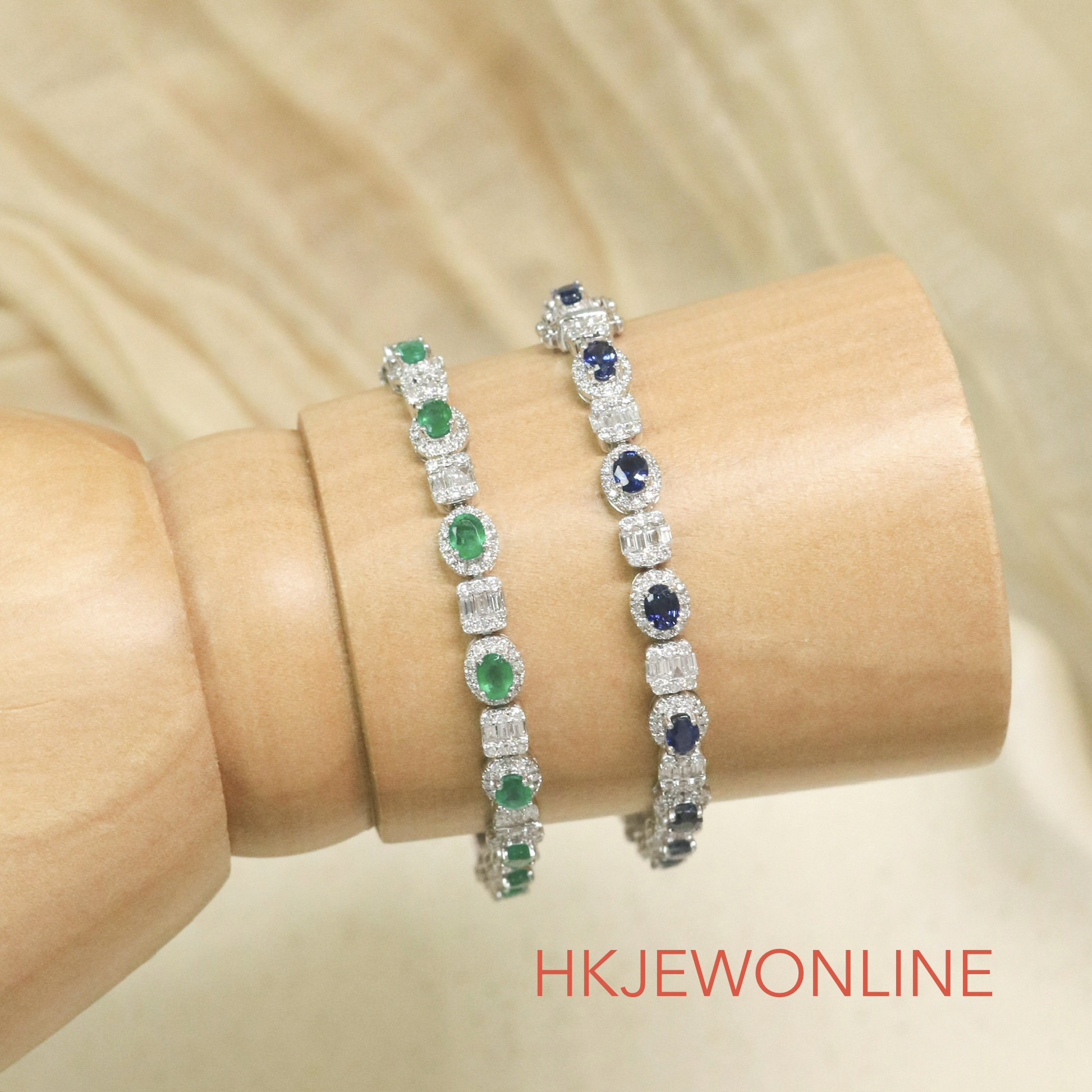 18K WHITE GOLD RUBY/ SAPPHIRE/ EMERALD WITH DIAMOND TENNIS BRACELET