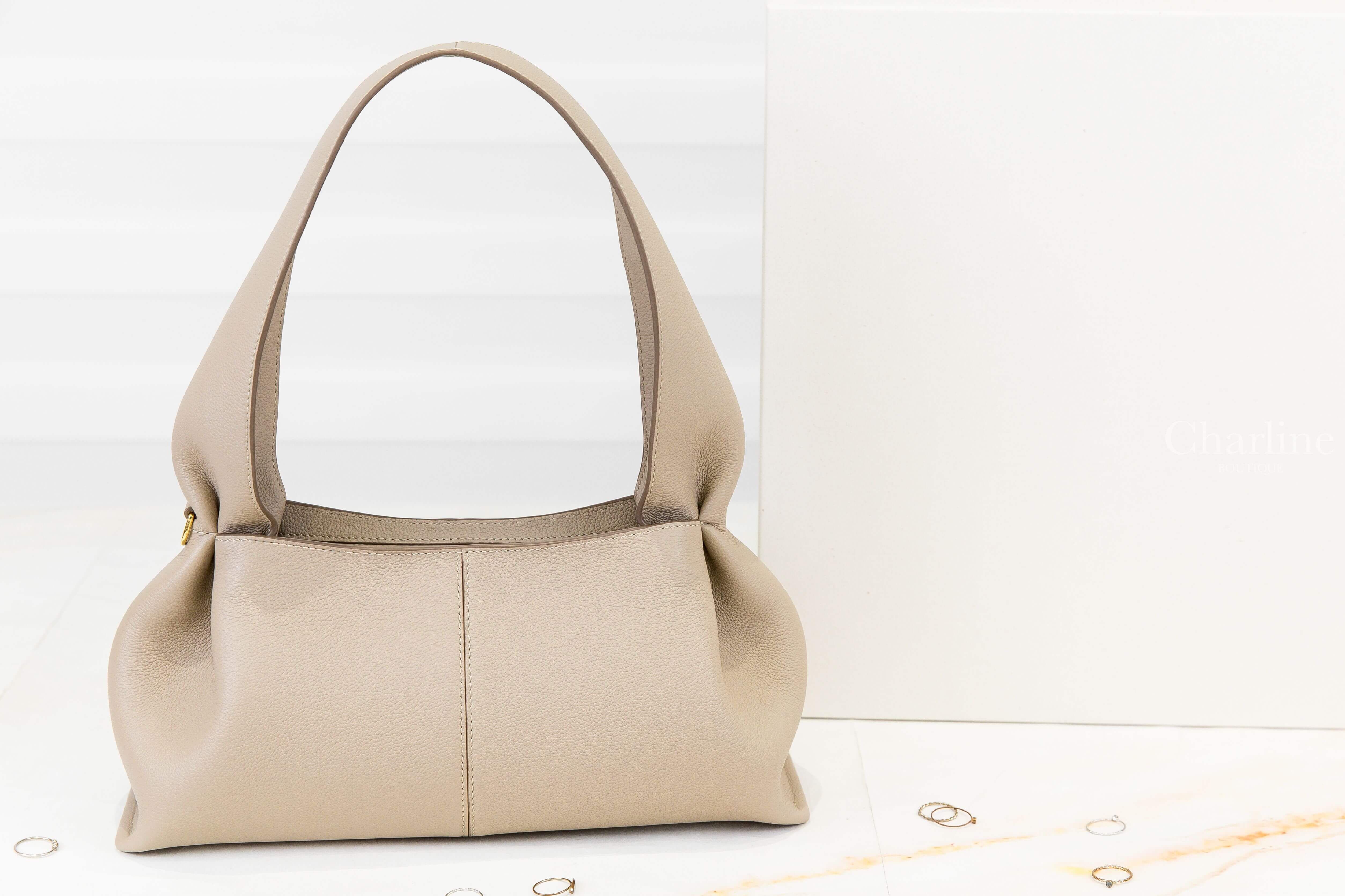 Polène Numéro Neuf East West 灰褐色側邊金字顆粒小牛皮手提肩背包-Charline Boutique 精品代購