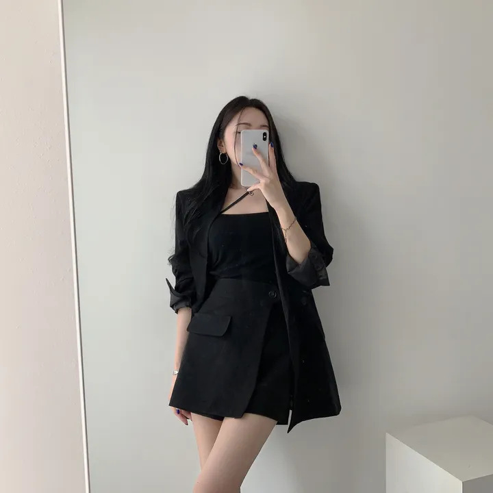 長版西裝外套+高腰褲裙(2件組)(灰綠/杏/黑)