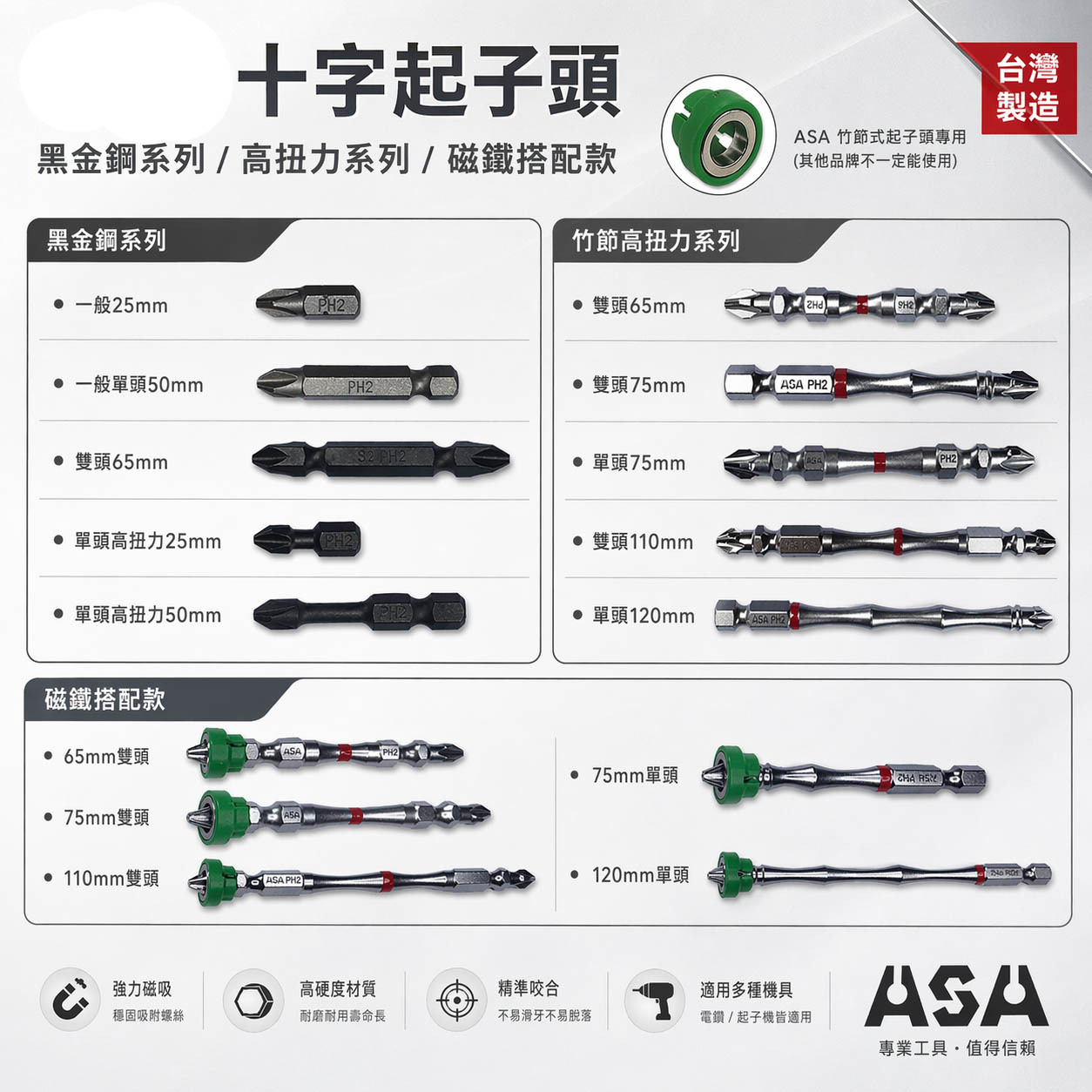 ASA 台灣製｜磁鐵｜黑金剛 銀色竹節高扭力起子頭 2號 雙頭十字起子頭 PH2 #2十字起子頭 單頭起子頭