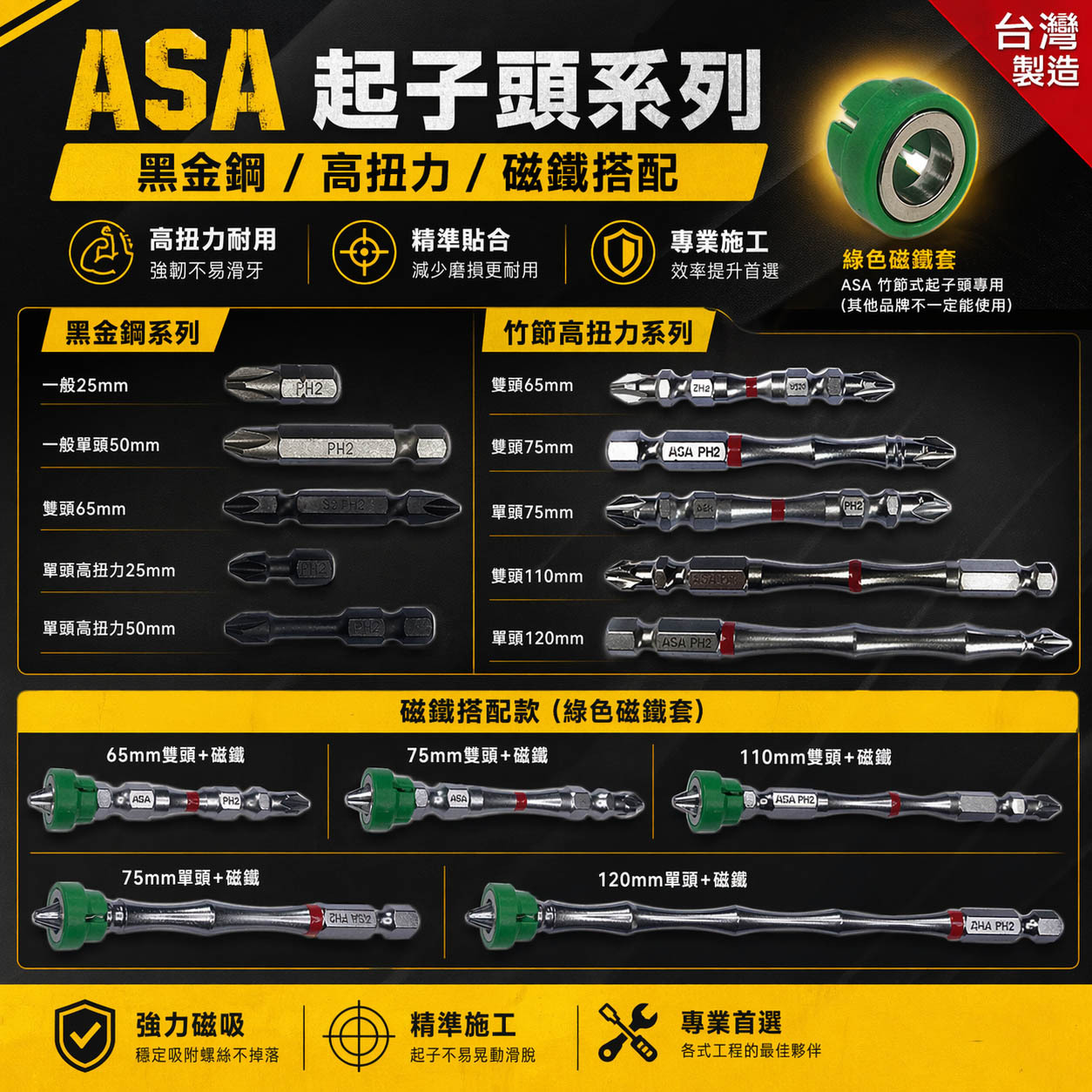 ASA 台灣製｜附磁鐵-銀色-高扭力起子頭 2號起子頭 雙頭十字起子頭 PH2 #2 十字起子頭 單頭起子頭