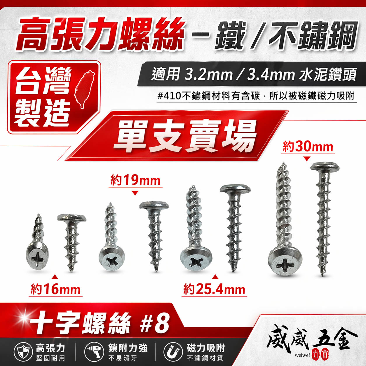 零售1支｜#410 不鏽鋼-白鐵｜#8 高張力鐵板牙螺絲 水泥尖尾螺絲 十字水泥自攻螺絲 岡山頭 高張力螺絲