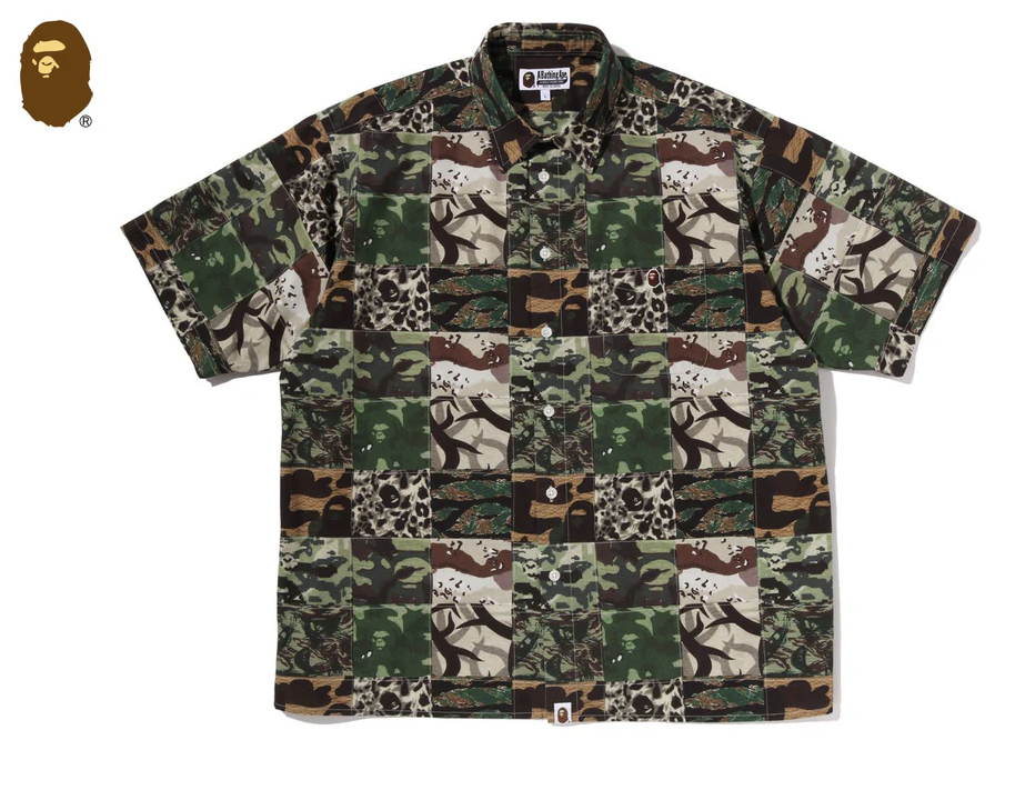 【BAPE男生】0425 發售 寬版 APE HEAD ONE POINT CAMO PATCHWORK SS SHIRT