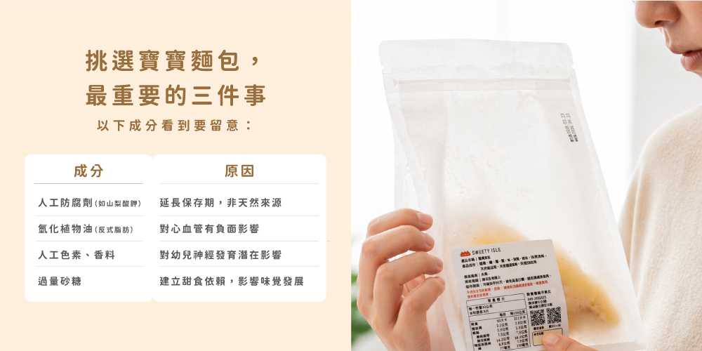 媽媽手拿麵包查看成分標示與鈉含量