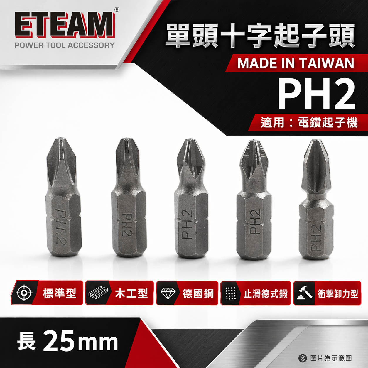 ETEAM 一等｜PH2 長25mm 短版十字起子頭 十字頭 高扭力木工止滑型 輕鋼架 輕隔間｜#2｜台灣製