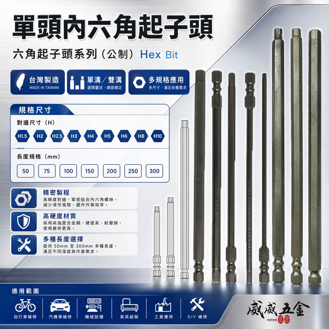 台灣製｜長150mm-300mm 單頭內六角起子頭｜2.5-6mm｜內六角螺絲起子頭 六角起子頭 單頭六角頭
