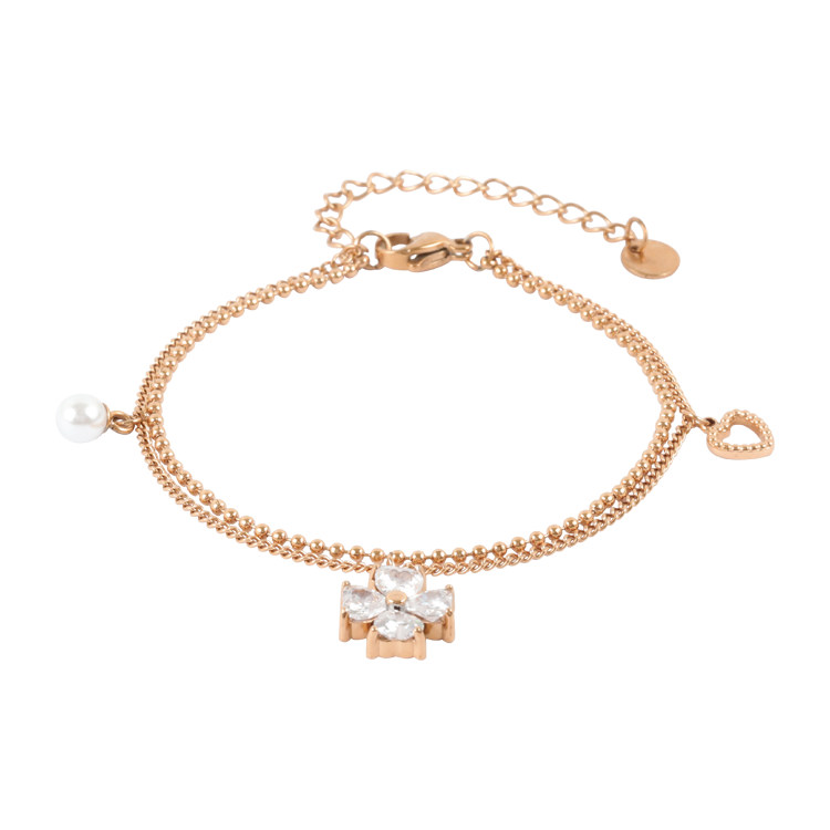 白鋼手鍊，女士手鍊 花映心珠；珍珠與心悄悄相伴（4248玫瑰金）