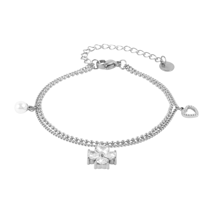 白鋼手鍊，女士手鍊 花映心珠；珍珠與心悄悄相伴（4248銀色）