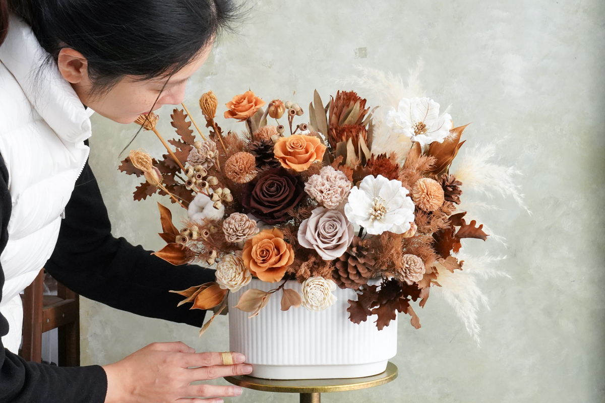 永生花盆花長盆,永生花開幕盆栽,永生花升遷盆花,大地色特寫23