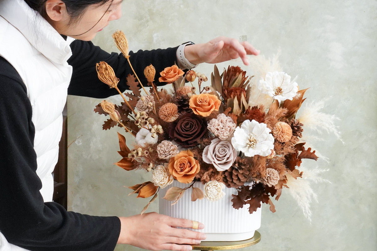 永生花盆花長盆,永生花開幕盆栽,永生花升遷盆花,大地色特寫2