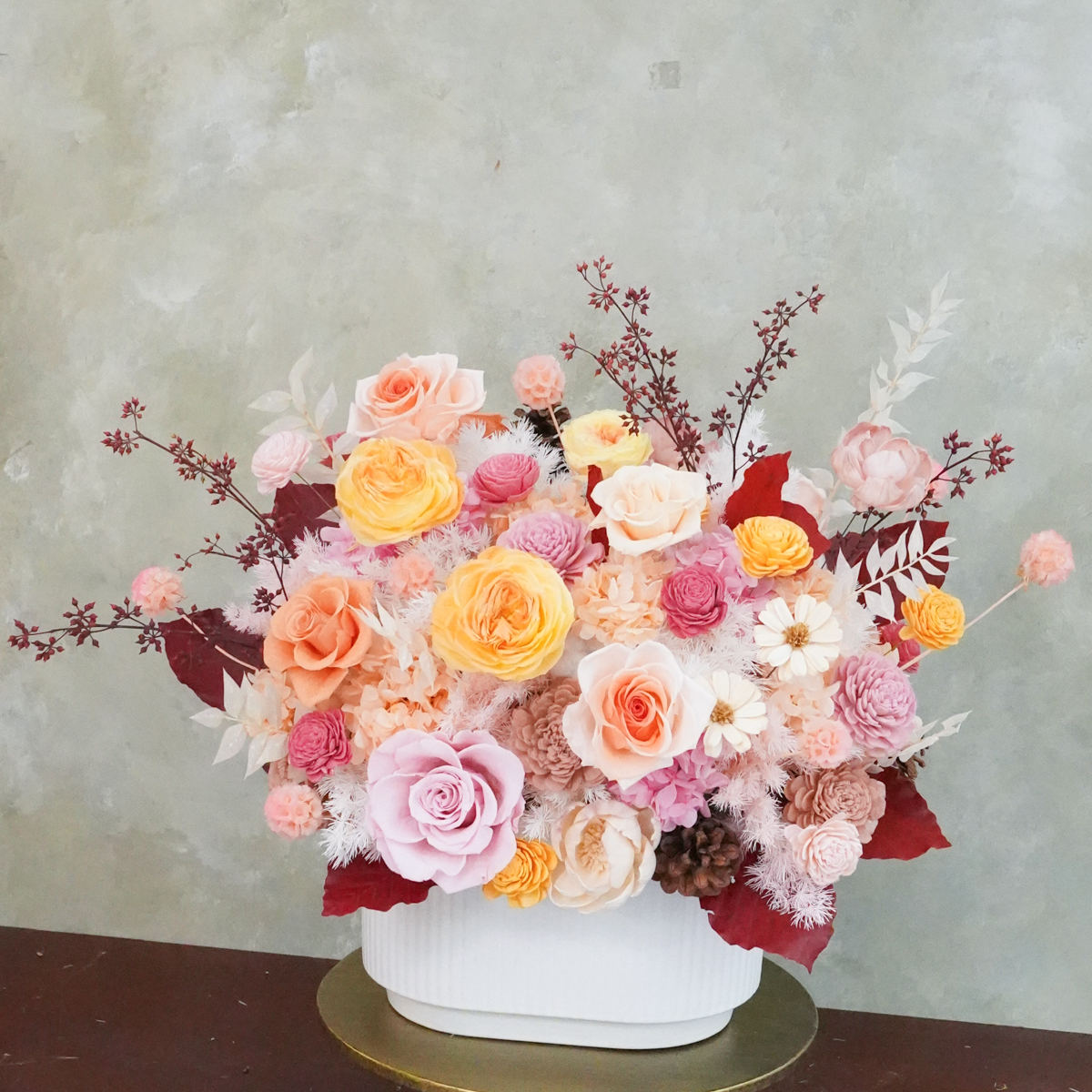 永生花盆花長盆,永生花開幕盆栽,永生花升遷盆花,粉黃橘色3