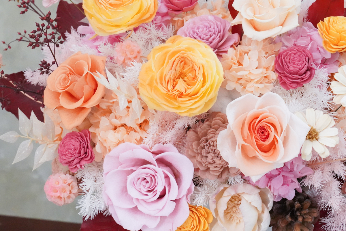 永生花盆花長盆,永生花開幕盆栽,永生花升遷盆花,粉黃橘色6