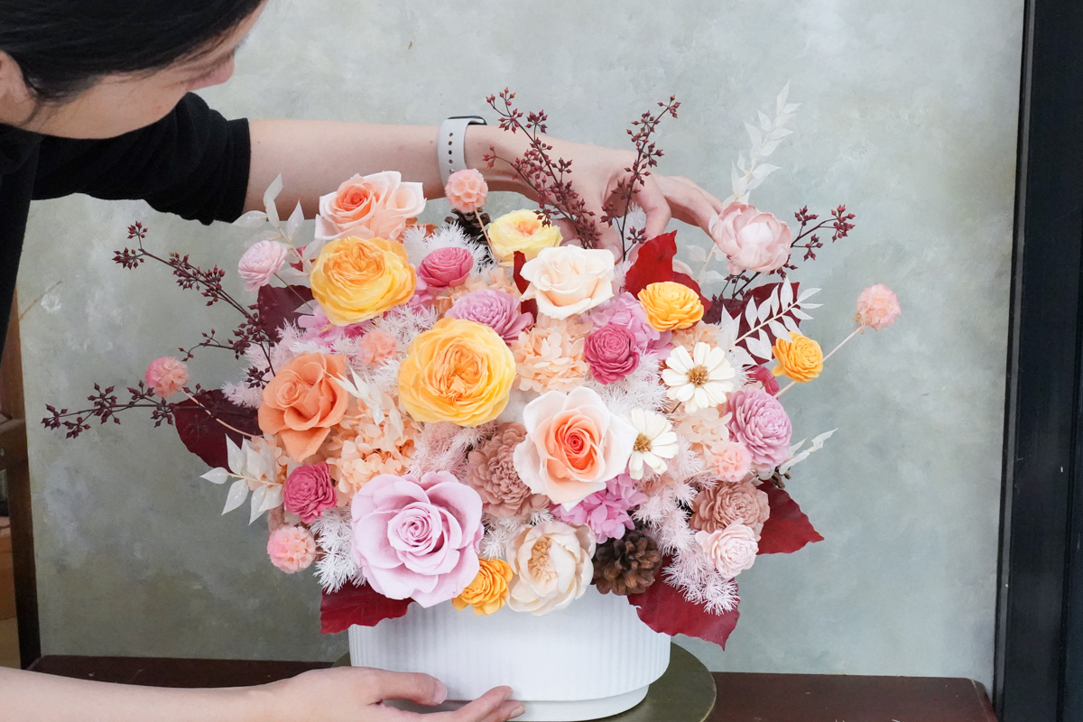 永生花盆花長盆,永生花開幕盆栽,永生花升遷盆花,粉黃橘色2