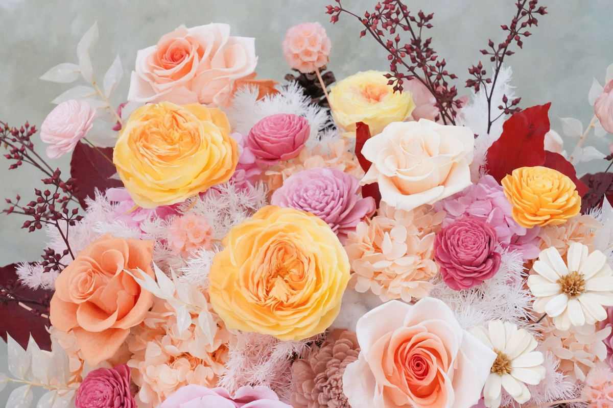 永生花盆花長盆,永生花開幕盆栽,永生花升遷盆花,粉黃橘色5