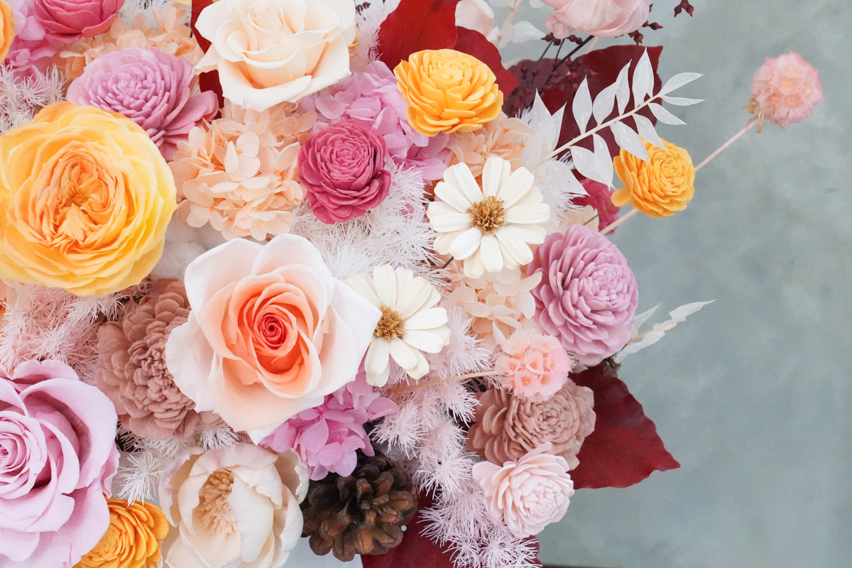 永生花盆花長盆,永生花開幕盆栽,永生花升遷盆花,粉黃橘色4