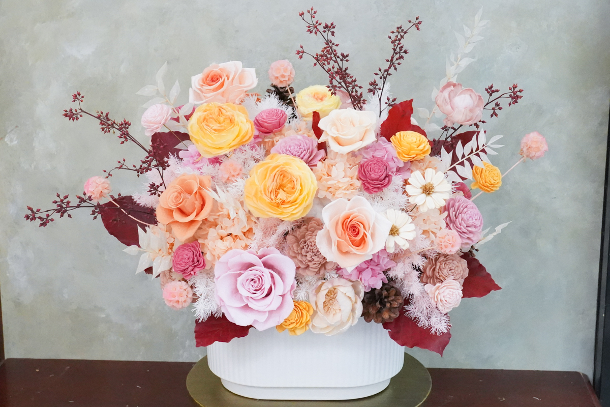 永生花盆花長盆,永生花開幕盆栽,永生花升遷盆花,粉橘色