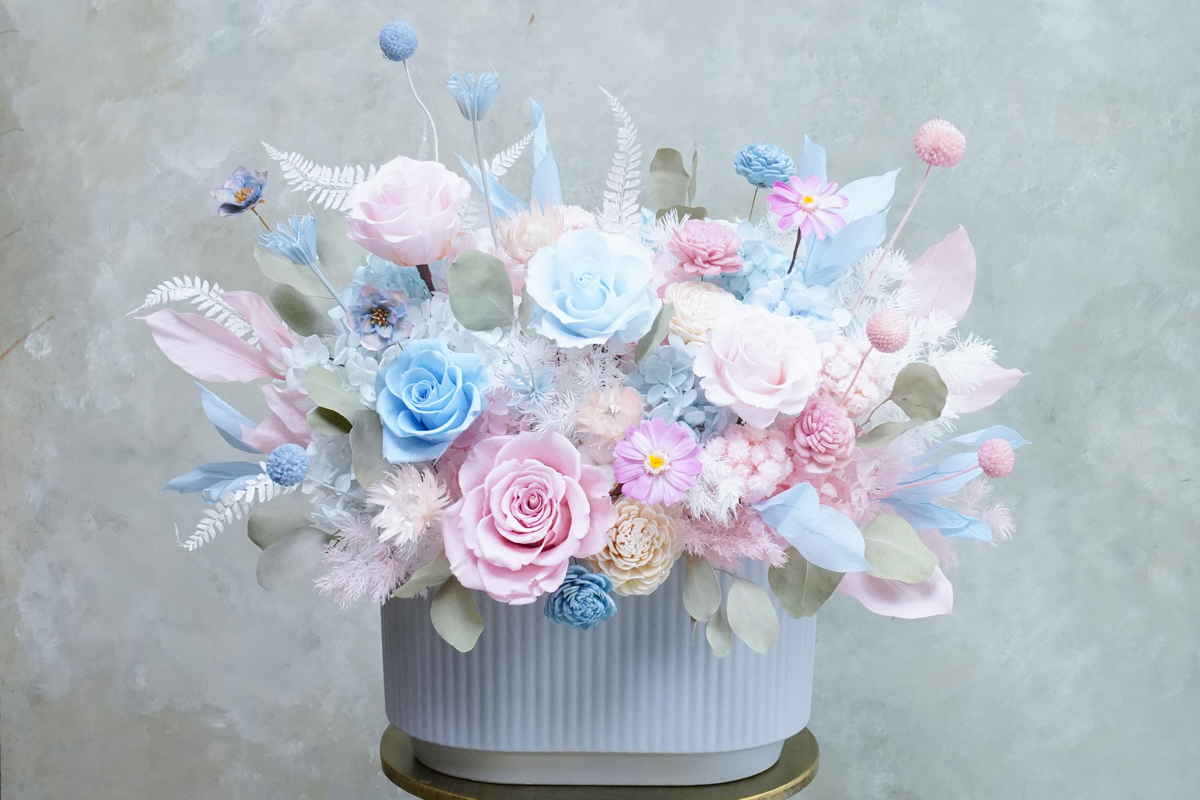 永生花盆花長盆,永生花開幕盆栽,永生花升遷盆花,馬卡龍色