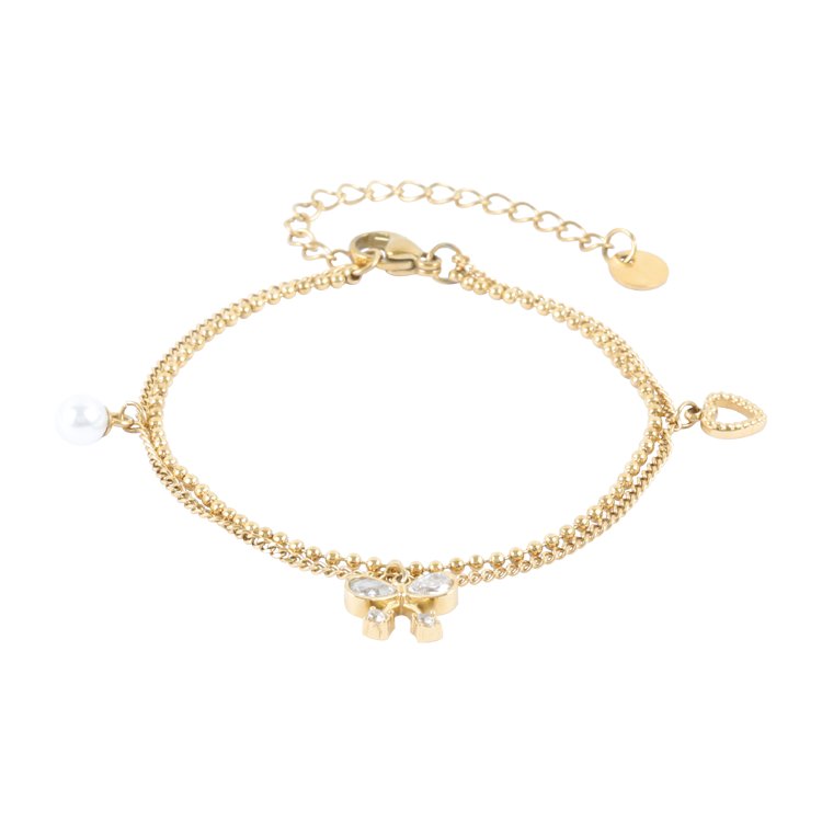 白鋼手鍊，女士手鍊 珠鍊蝶結；雙鍊層次和不對稱小吊飾細節感十足（4249金色）