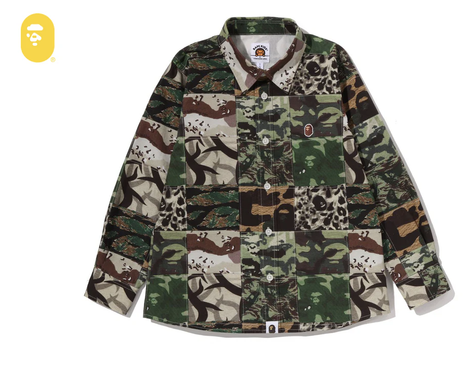 【BAPE童裝】0425 發售APE HEAD ONE POINT CAMO PATCHWORK SHIRT