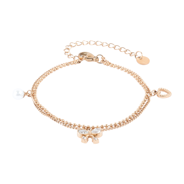 白鋼手鍊，女士手鍊 珠鍊蝶結；雙鍊層次和不對稱小吊飾細節感十足（4249玫瑰金）